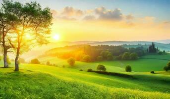 AI generated Beautiful sunrise over green meadow in the morning. Landscape with fog. photo