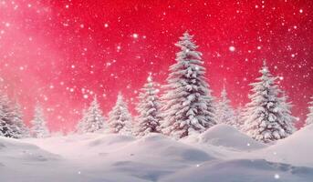 AI generated Winter landscape with snowy fir trees and falling snowflakes against red sky. Christmas background. photo