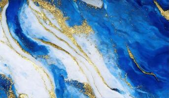 AI generated Blue, white and gold abstract acrylic background. Marbling artwork texture. Gold powder. Agate ripple pattern photo