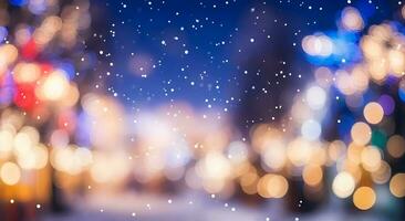 AI generated Blurred bokeh lights and falling snow during winter night photo