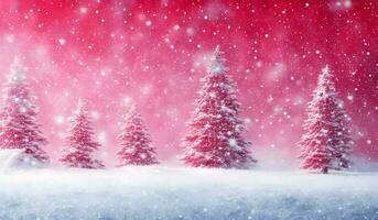 AI generated Winter landscape with snowy fir trees and falling snowflakes against red sky. Christmas background. photo