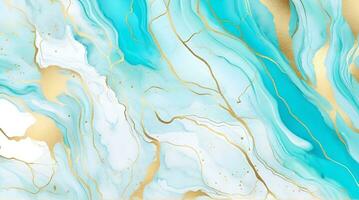 AI generated Pastel cyan mint liquid marble watercolor background with gold lines and brush stains photo