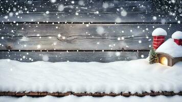 AI generated Winter festive christmas background with fir branches cones and snow on wooden texture photo