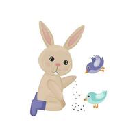 The rabbit feeds the birds. A cute rabbit feeds two birds with food. Cute children s illustration with birds and a hare. Vector illustration