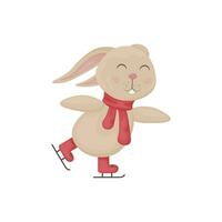 Rabbit on ice skates. Cute rabbit in cartoon style skating on ice. A happy bunny in a red scarf. Vector illustration isolated on a white background