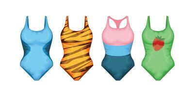 Swimwear set. A set of four swimsuits in different colors. Women s beachwear. A bathing accessory. Vector illustration