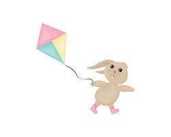 A hare with a kite. Cute rabbit runs with a kite. Children s illustration with a running rabbit. Vector illustration isolated on a white background