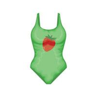 Swimsuit. Women s closed swimsuit in green with a strawberry. Women s beach accessory. Bathing clothes. Vector illustration isolated on a white background