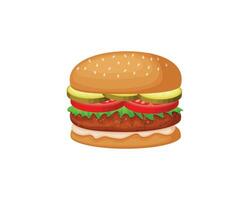Hamburger. Burger with cutlet, tomatoes, cheese, pickled cucumber and salad on sesame buns. Fast food. Vector illustration isolated on a white background