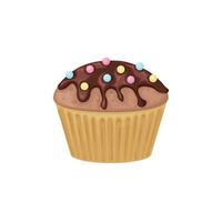 Cupcake. Chocolate cupcake with confetti. Chocolate cake. Sweet dessert. Vector illustration isolated on a white background