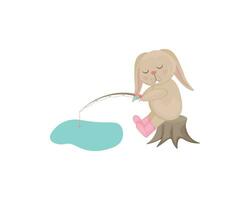 Rabbit with a fishing rod . Cute rabbit in cartoon style. A hare fisherman with a fishing rod sits on a stump. The hare is fishing. Children s illustration. Vector