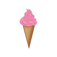 Ice cream in a waffle cone. Pink strawberry ice cream in a cone. Sweet, cold dessert. Vector illustration isolated on a white background