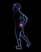 Vector isolated illustration of a man with lower back pain. Neon outline drawing of a person with back pain. Symptoms of osteochondrosis. A patient with pain.