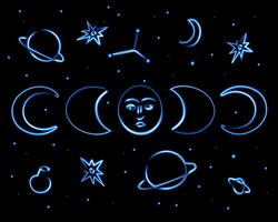 Vector isolated astrology set with neon effect.