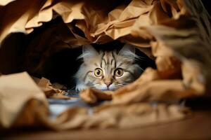 AI generated Emotion of fear, portrait of a cat with big eyes, emotional look of an animal. photo