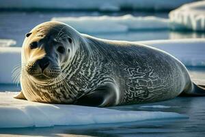 ai generado sello tendido en hielo en agua foto