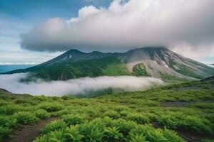 AI generated Misty Volcano Amongst Lush Greenery photo