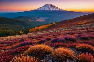 ai generado crepúsculo resplandor en montaña con otoño flora foto