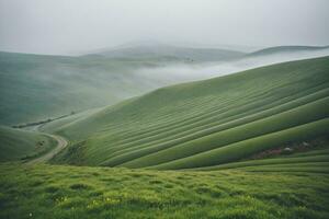 AI generated Fog Over Verdant Mountain Landscape photo