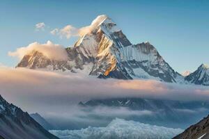 ai generado Nevado montaña pico encima nubes a amanecer foto