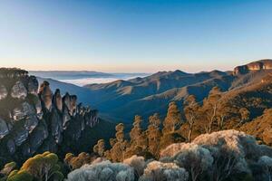 ai generado amanecer resplandor en boscoso montañas foto