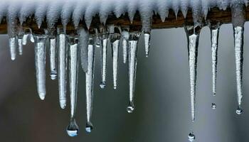 ai generado carámbanos con gotas en nieve rama foto