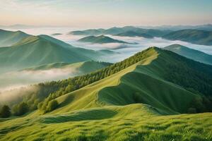 ai generado verde colinas y niebla a amanecer foto