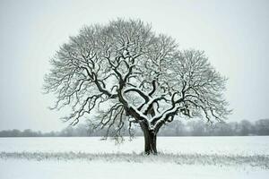 ai generado solitario árbol en Nevado campo foto