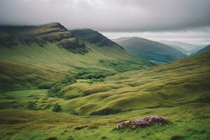 AI generated Lush Green Hills Under Cloudy Skies photo