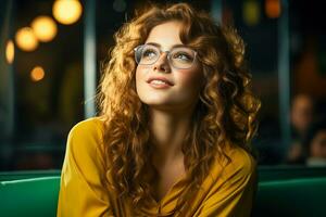 AI generated Curly Caucasian woman with glasses, looking into the distance. photo