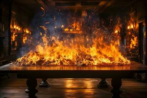 AI generated Wooden table with fire burning on edge of table, fire particles, sparks and smoke in air. photo