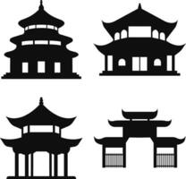 Traditional Chinese Building Silhouette Set. Isolated Black Vector