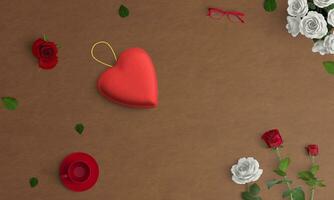 Love on wooden surface red rose wallpaper background top view photo