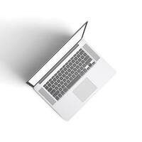 Laptop open display with blank screen isolated on white background for ads top view right side photo