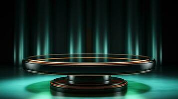 AI generated Dark green pedestal on dark with neon lighting. photo