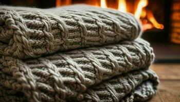 AI generated Stack of Blankets on Wooden Table in Front of Fireplace photo