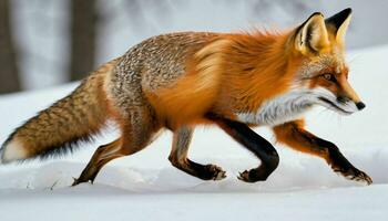 ai generado naranja zorro corriendo a través de nieve foto