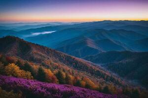 ai generado vibrante puesta de sol con montaña capas y flores foto