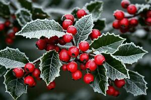 AI generated Frost Covered Holly Berries photo