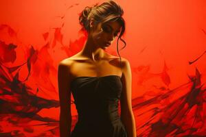 AI generated Beautiful young woman in black dress on red background. photo