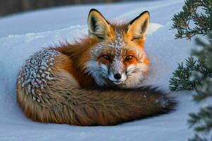 AI generated Snow Covered Fox Sitting in Snow photo
