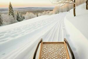 ai generado trineo en nieve cubierto suelo foto