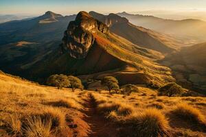 ai generado dorado hora en montañoso terreno foto