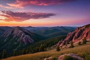 ai generado carmesí puesta de sol terminado boscoso picos foto