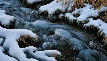 ai generado hielo fluido terminado corriente en nieve foto