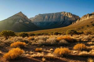 AI generated Sunlit Desert with Mountain Backdrop photo