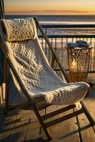 AI generated Wooden Deck Chair with Blanket at Sunset photo