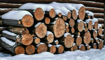 AI generated Pile of Stacked Logs Covered in Snow photo