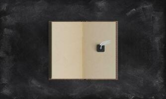 An empty book on black screen with inkpot mockup photo