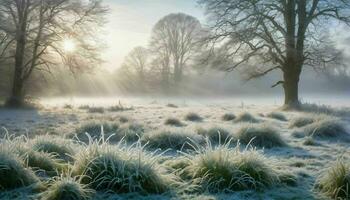 ai generado escarchado césped campo con estéril arboles en invierno foto